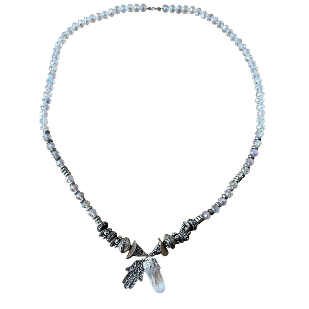 Clear Beaded Crystal at Bullet Hand of Fatima Pendant Necklace Silver Tone